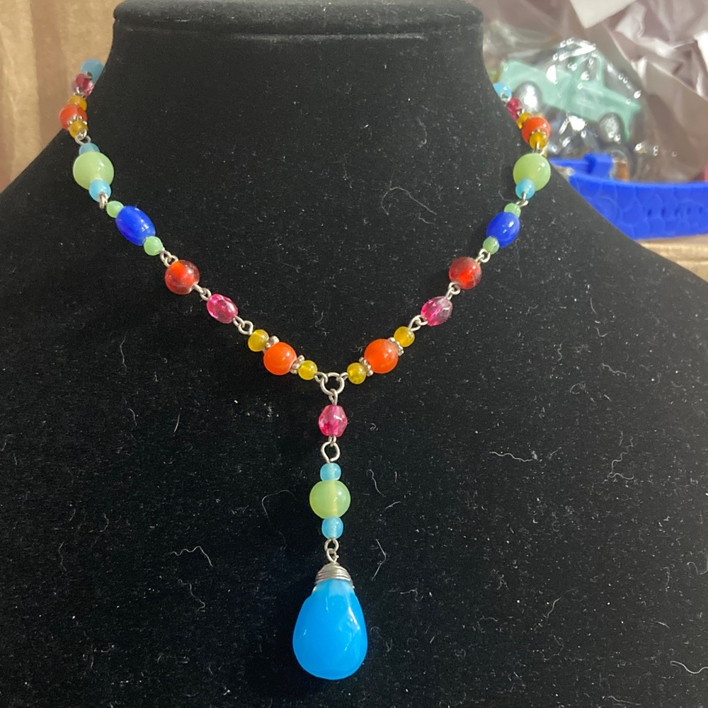 Colorful Beaded Necklace with Blue Pendant